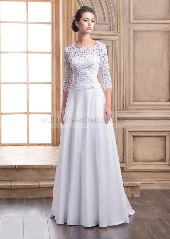 Three Quarter Sleeves White Lace Satin Wedding Dress